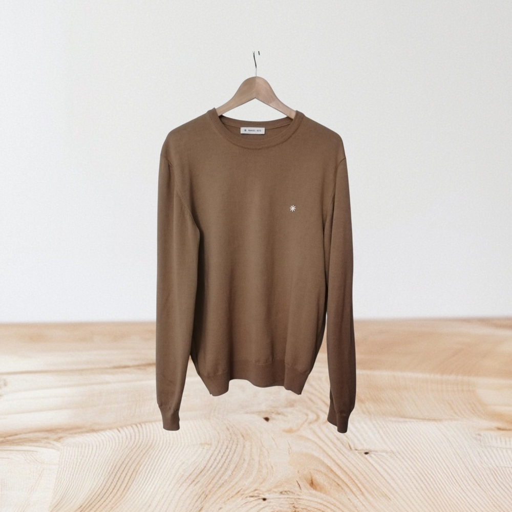 Manuel Ritz Chest-Embroidered Tan Crewneck Sweater XL 100% wool